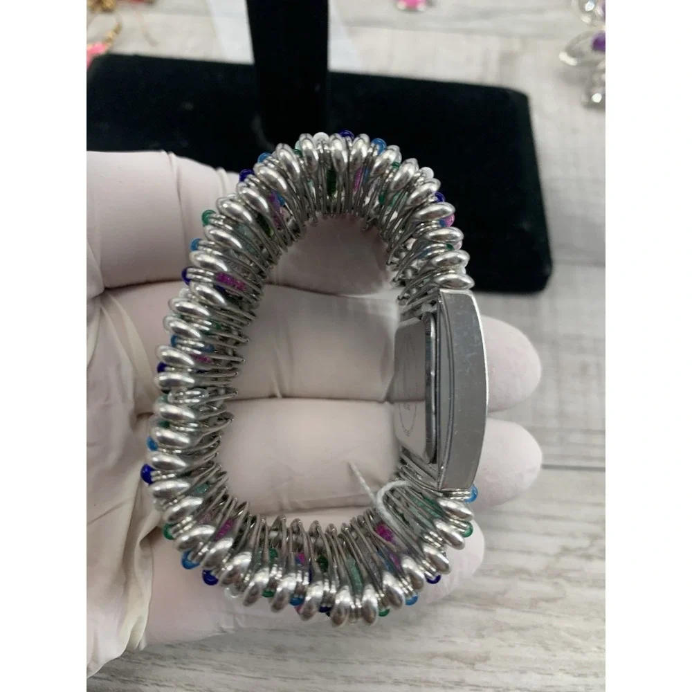 Wristwatch Silver Tone Rectangular White Face Colorful Beaded Paper Clip‎ Band